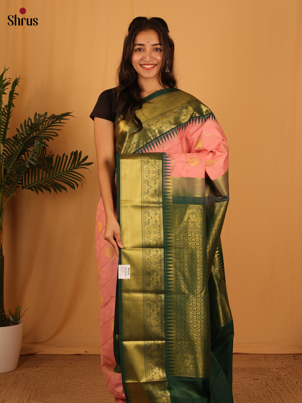 Peachish Pink & Green - Bangalori silk Saree - Shop on Shrus.com