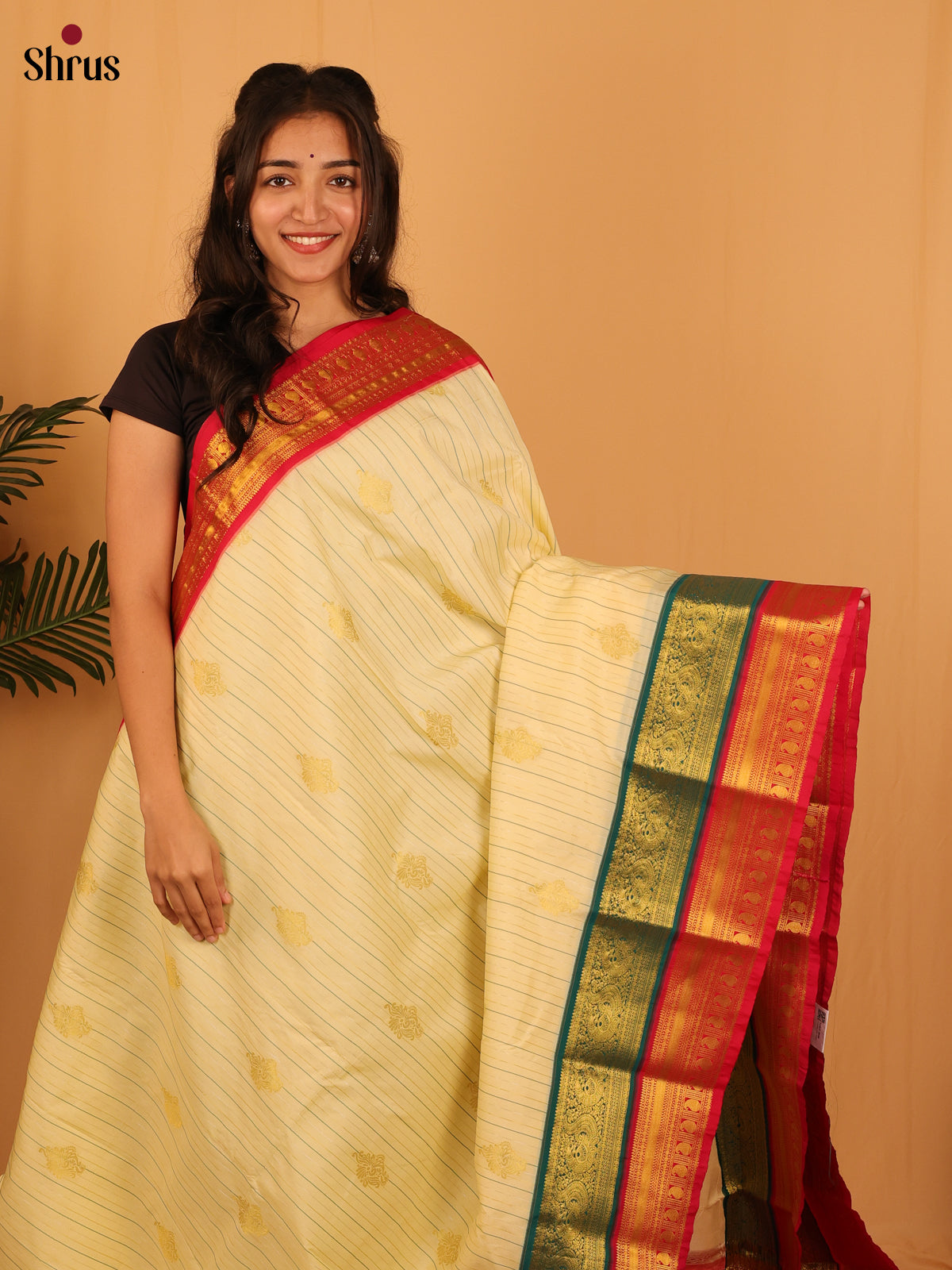 Cream & Maroon - Bangalori silk Saree - Shop on Shrus.com