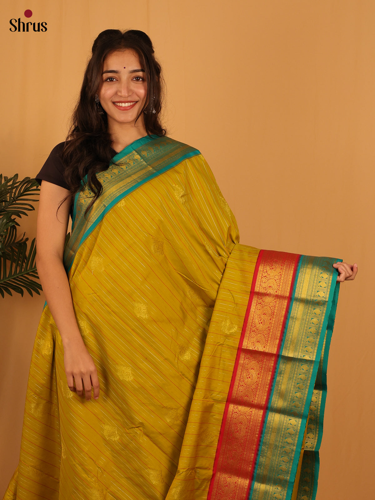 Mustardy Green & Teal- Bangalori silk Saree - Shop on Shrus.com