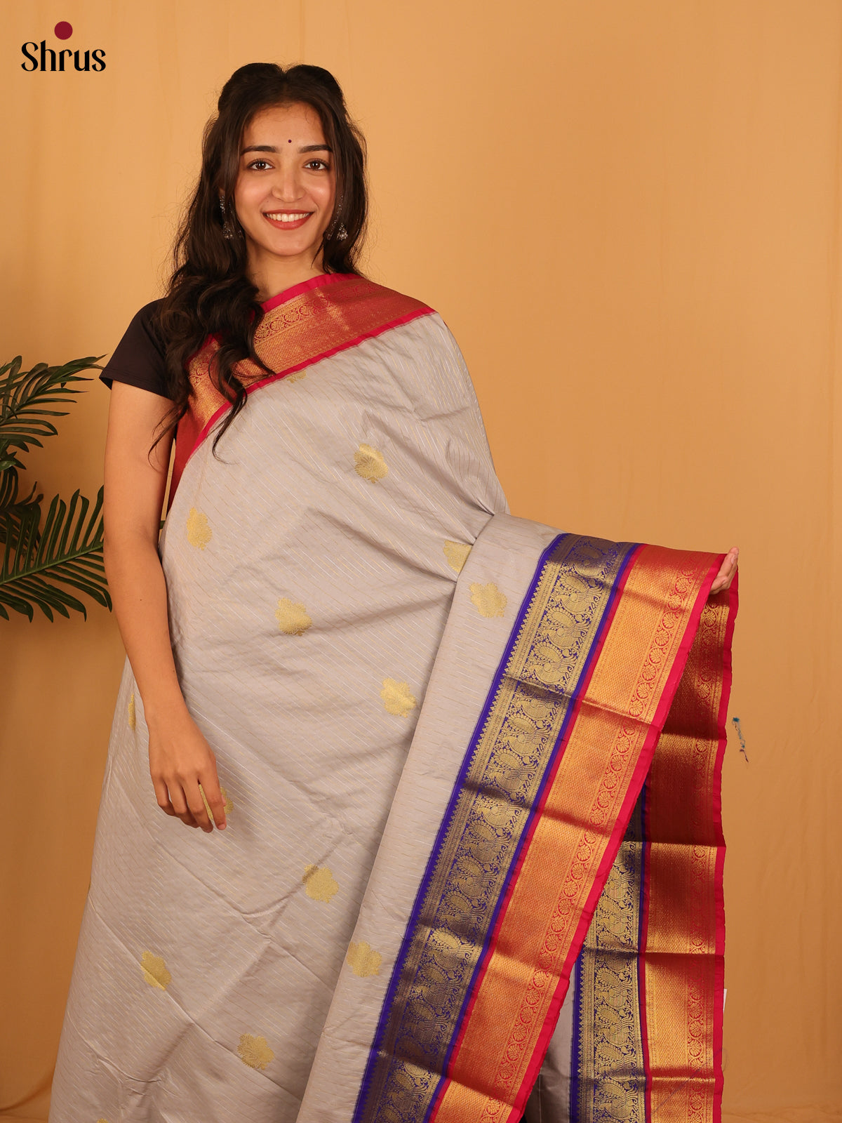 Grey & Blue - Bangalori silk Saree - Shop on Shrus.com