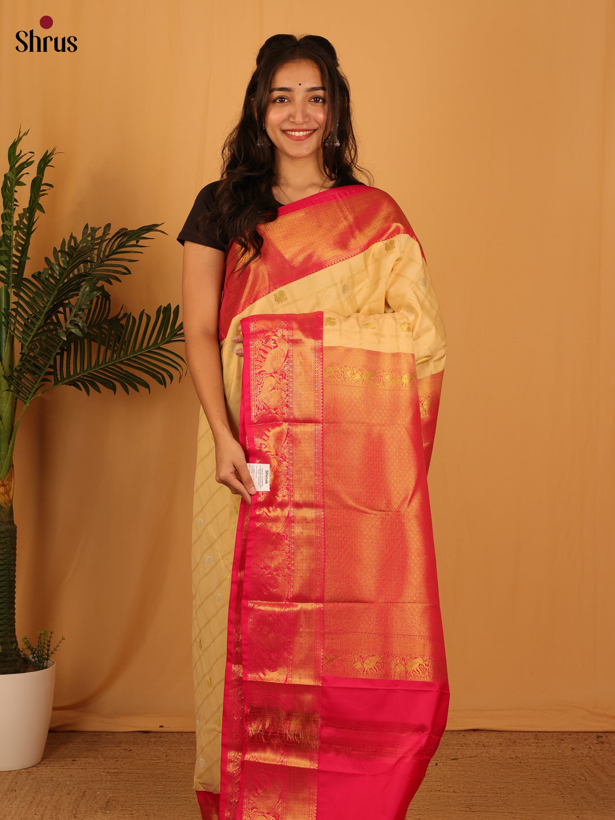 Pale Yellow & Pink- Bangalori silk Saree - Shop on Shrus.com
