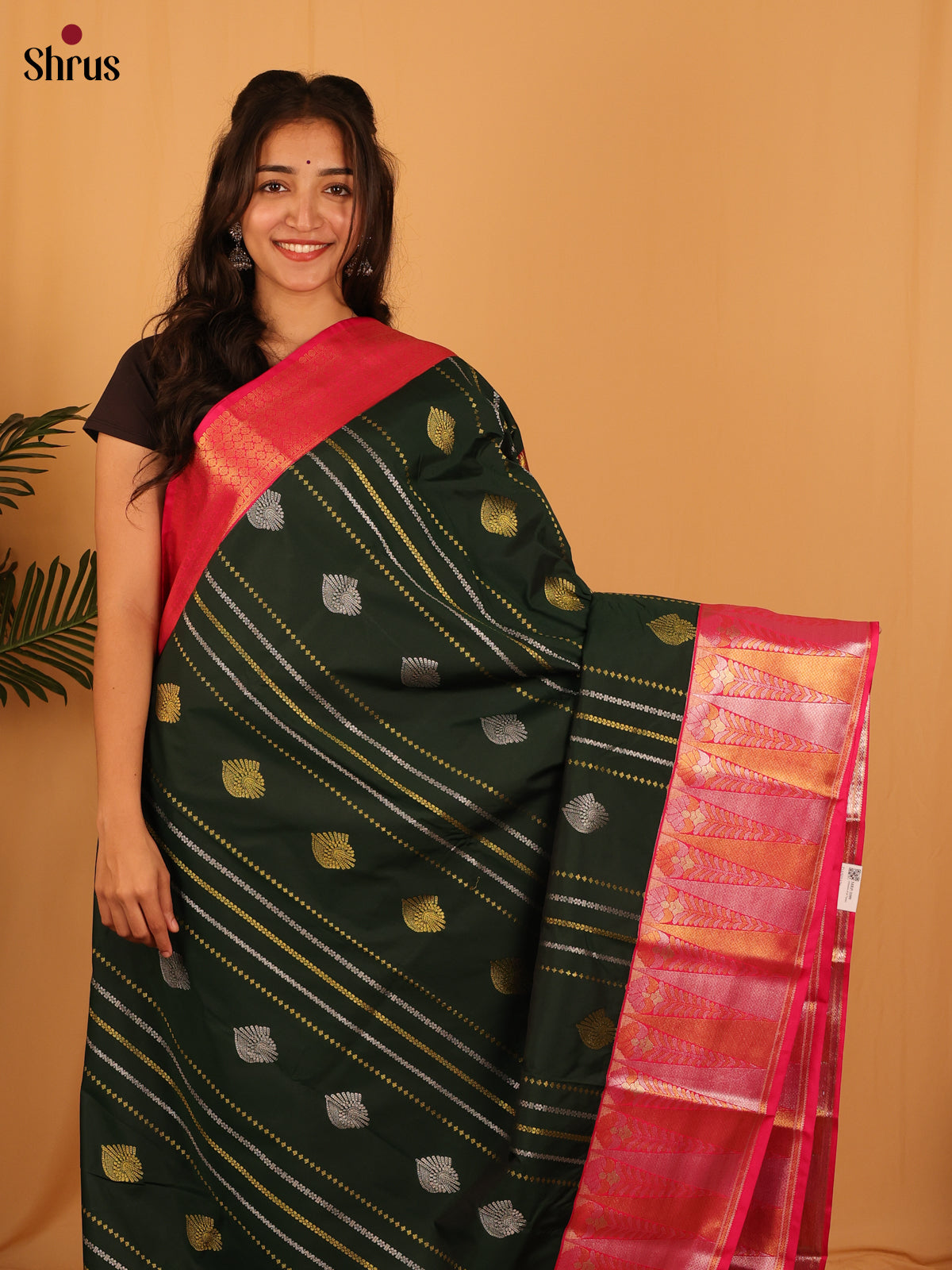 Dark Green & Pink - Bangalori silk Saree - Shop on Shrus.com