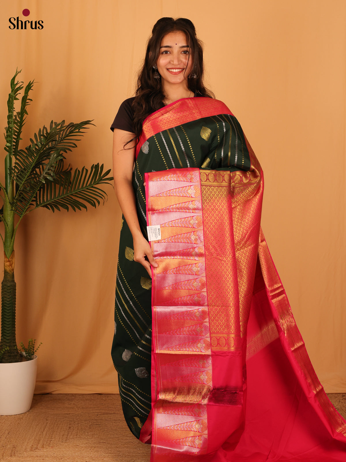 Dark Green & Pink - Bangalori silk Saree - Shop on Shrus.com