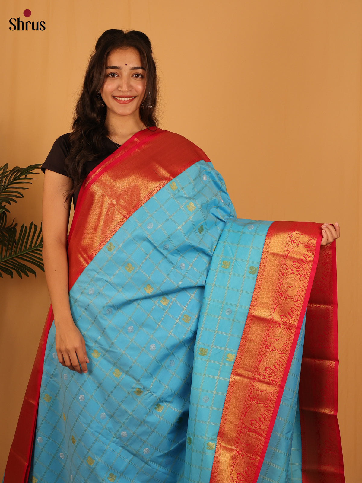 Blue & Red- Bangalori silk Saree - Shop on Shrus.com