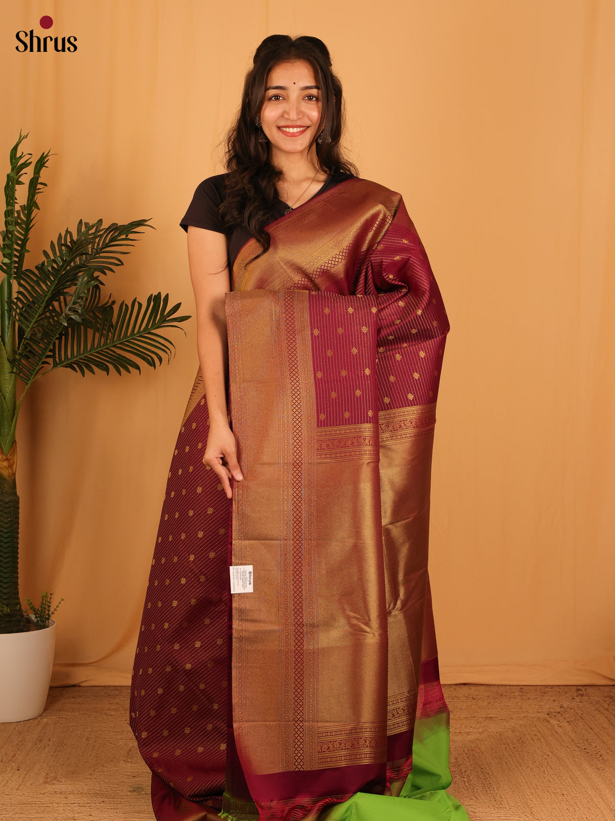 Maroon & Green - Bangalori silk Saree - Shop on Shrus.com