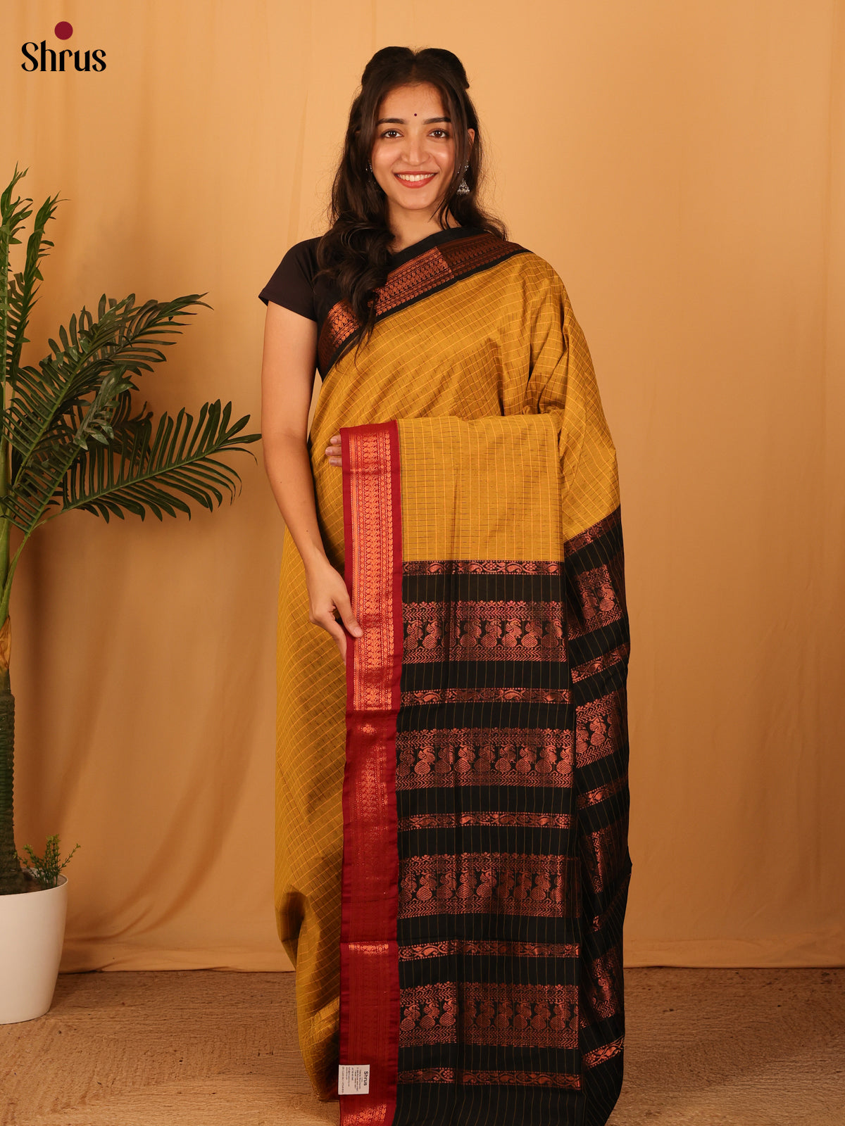 Mustard & Black - Kalyani Cotton Saree - Shop on Shrus.com