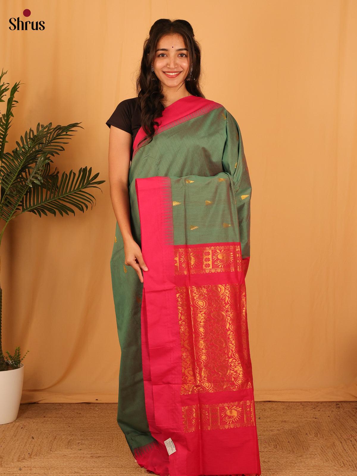 Double Shaded Green & Pink - Kalyani Cotton Saree - Shop on Shrus.com