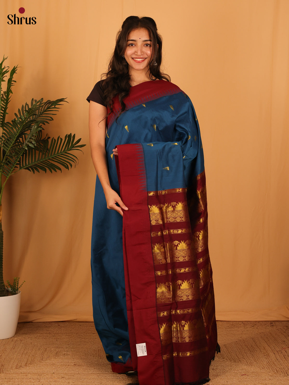 Blue & Maroon - Kalyani Cotton Saree - Shop on Shrus.com