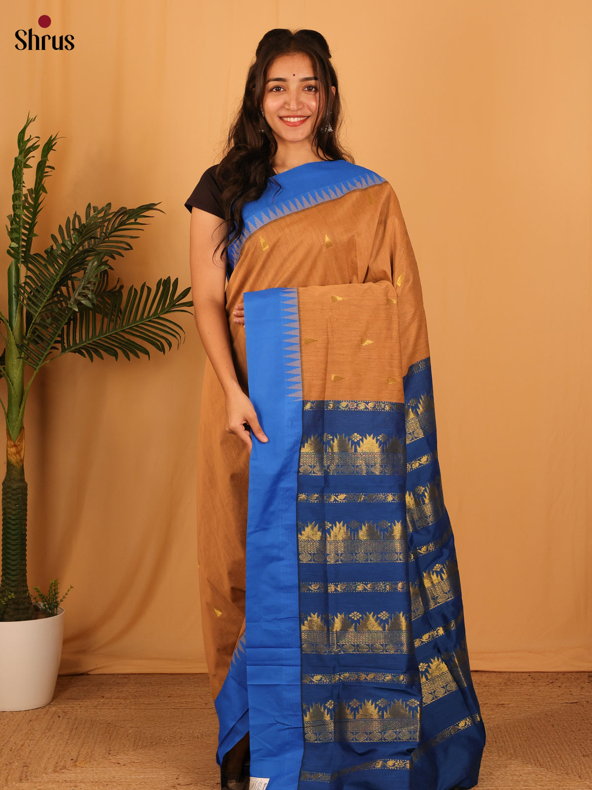 Dark Mustard & Blue - Kalyani Cotton Saree - Shop on Shrus.com