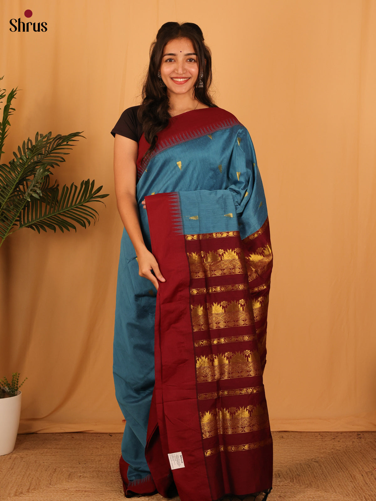 Blue & Maroon- Kalyani Cotton Saree - Shop on Shrus.com