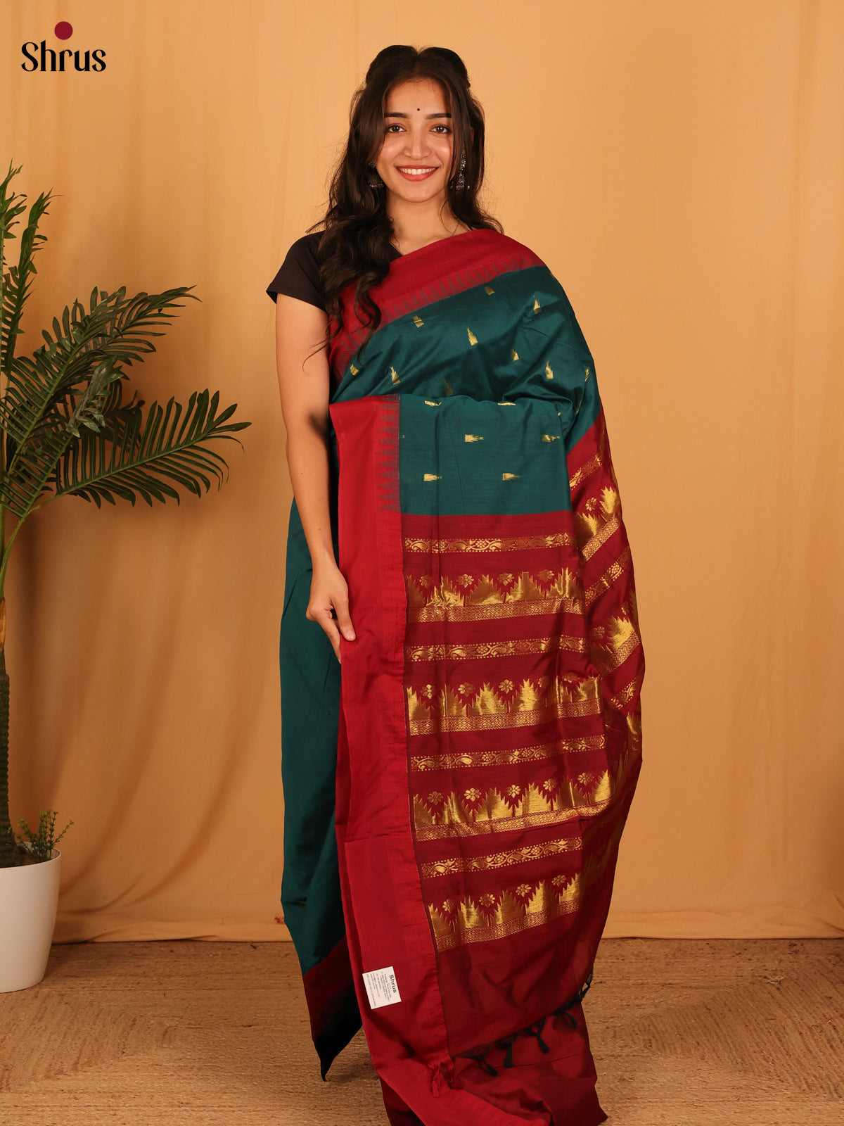 Peacock Green & Maroon - Kalyani Cotton Saree - Shop on Shrus.com