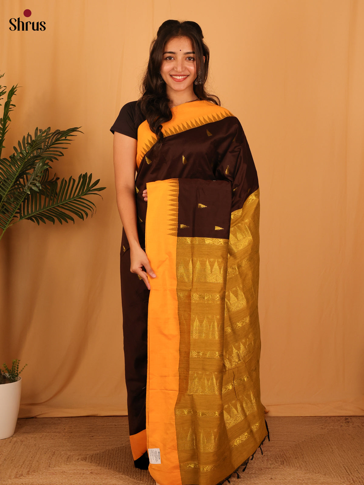 Brown & Mustard - Kalyani Cotton Saree - Shop on Shrus.com