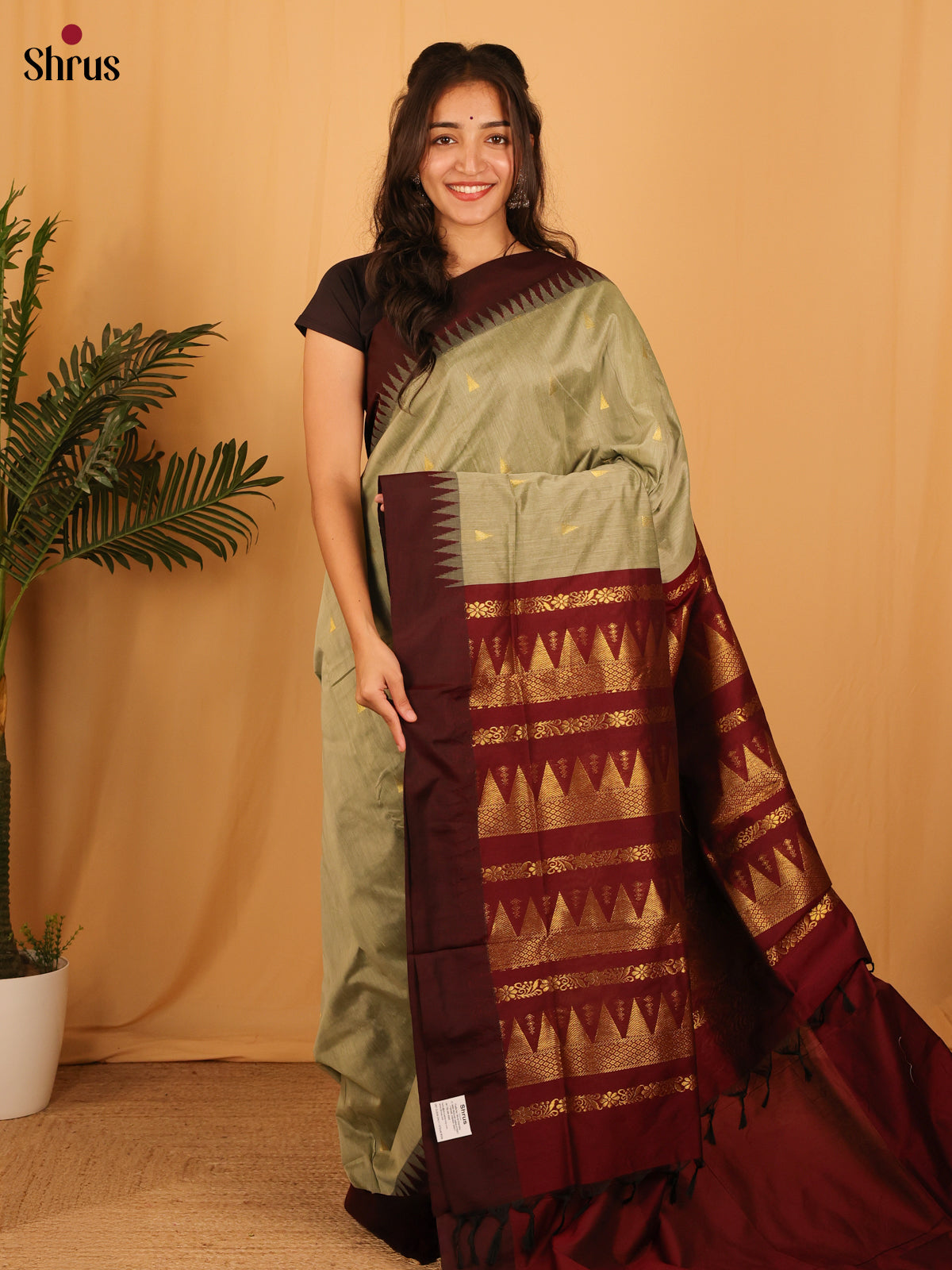 Elachi Green & Arakku Maroon - Kalyani Cotton Saree - Shop on Shrus.com