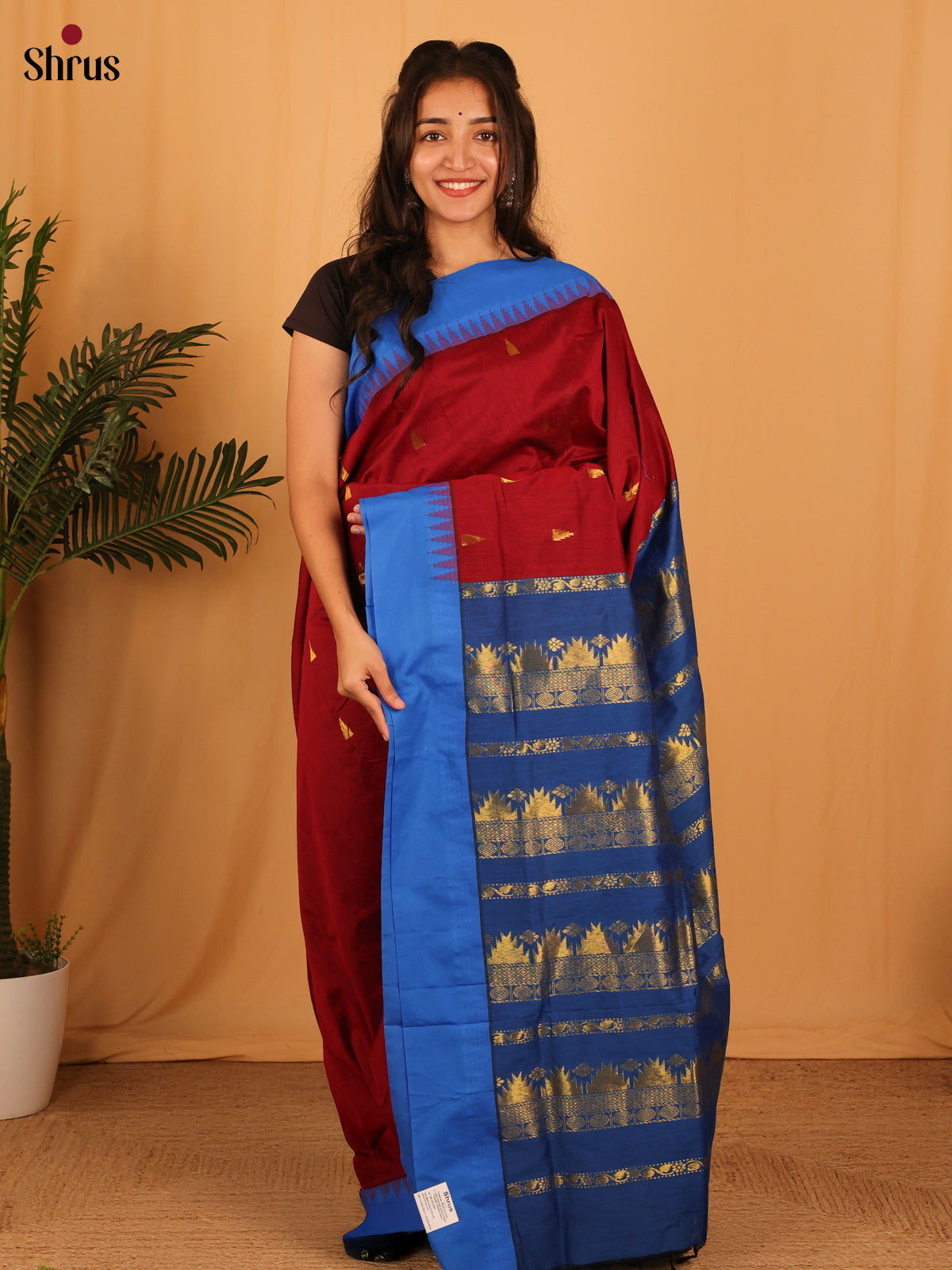 Maroon & Blue - Kalyani Cotton Saree - Shop on Shrus.com