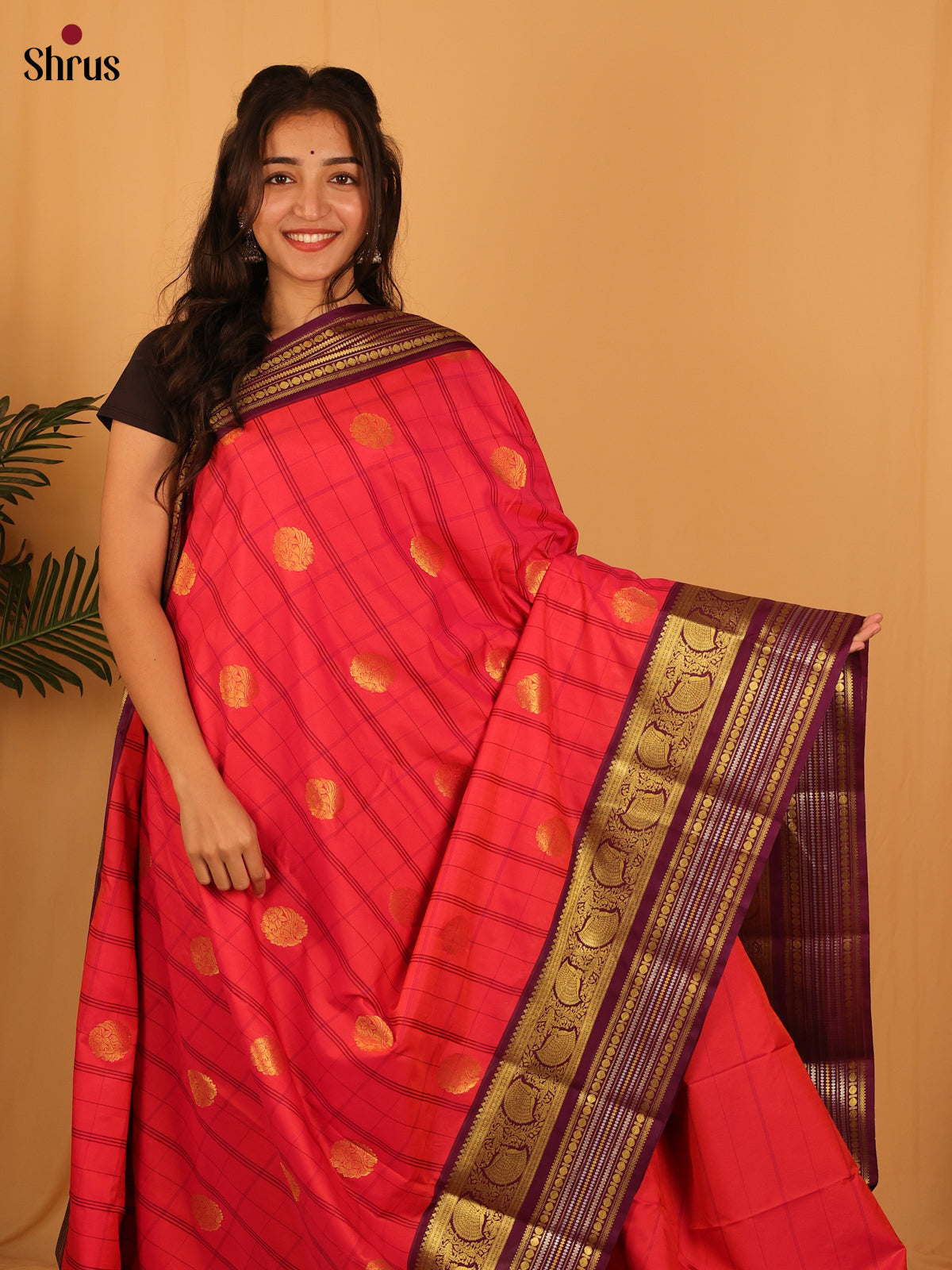 Reddish Pink & Dark Purple - Bangalori silk Saree - Shop on Shrus.com