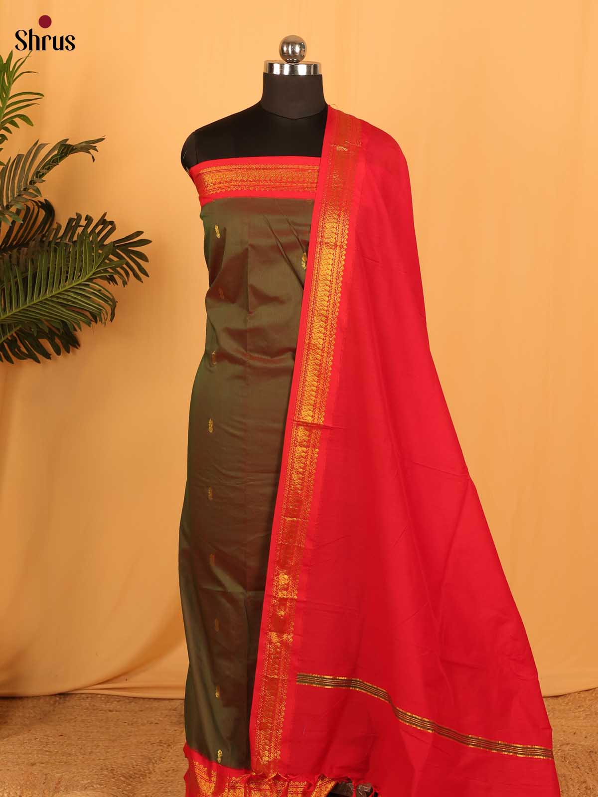 Green & Red - Kalyani Cotton unstitched Top & Dupatta - DAS03004 - Shop on Shrus.com