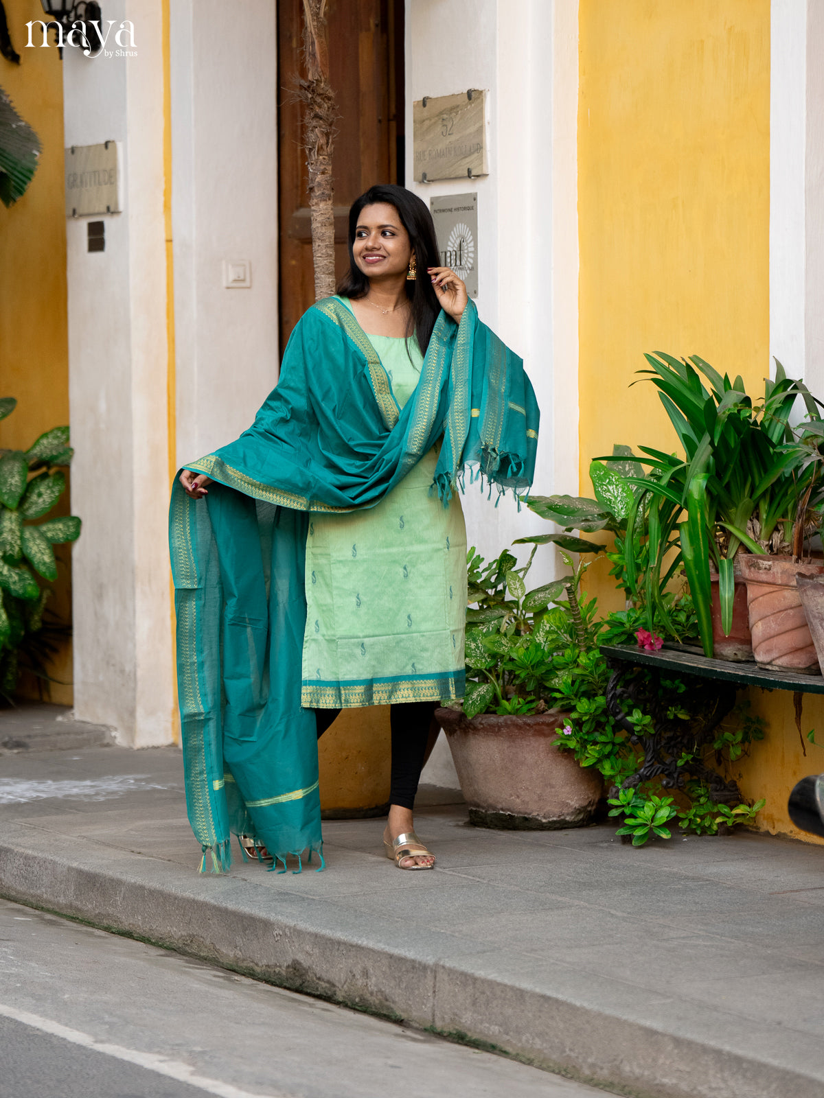 Pista Green & Green - Kalyani Cotton unstitched Top & Dupatta - DAS03006 - Shop on Shrus.com
