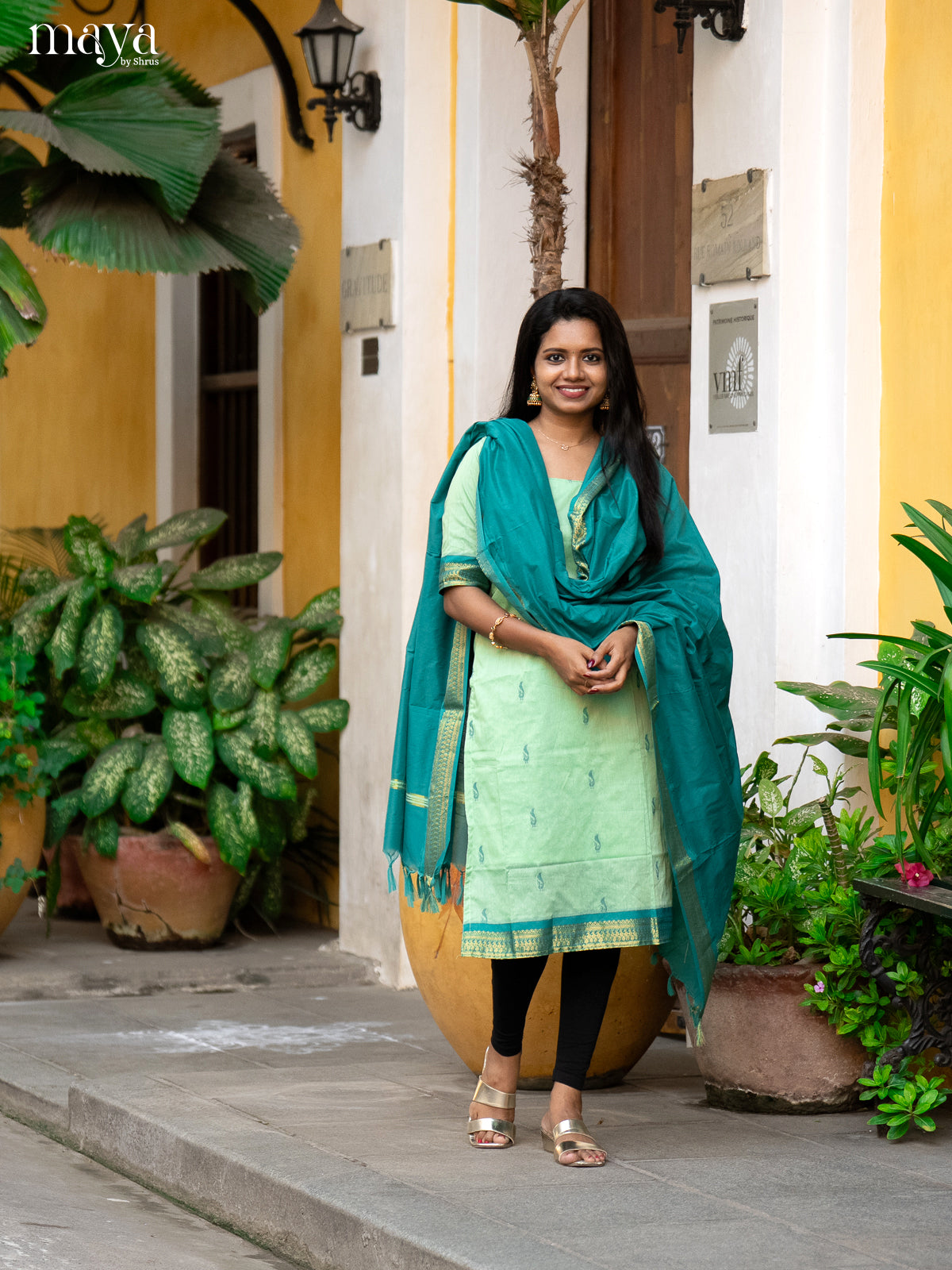 Pista Green & Green - Kalyani Cotton unstitched Top & Dupatta - DAS03006 - Shop on Shrus.com