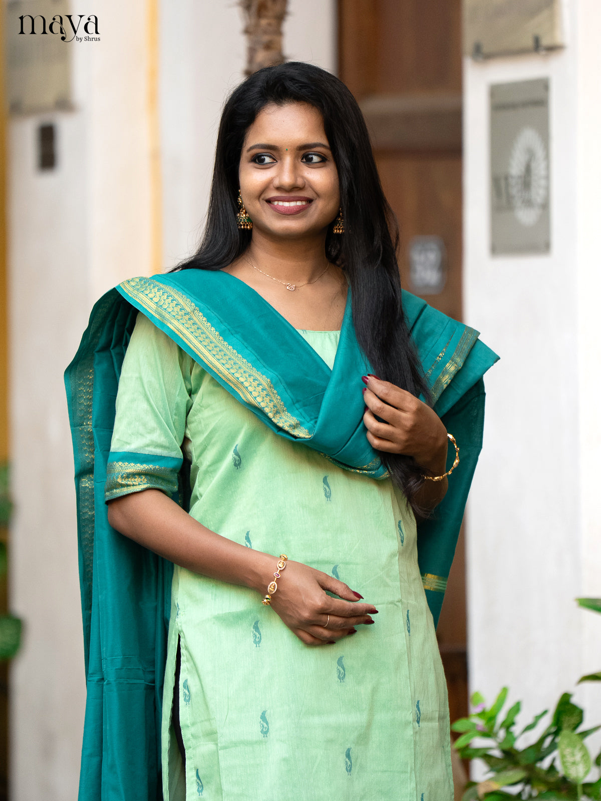 Pista Green & Green - Kalyani Cotton unstitched Top & Dupatta - DAS03006 - Shop on Shrus.com