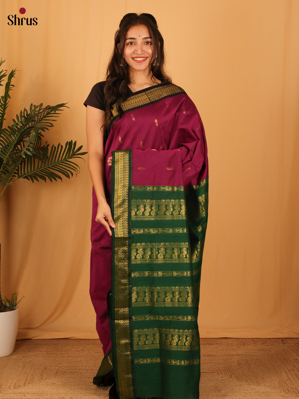 Wine & Green - Kalyani Cotton Saree - Shop on Shrus.com