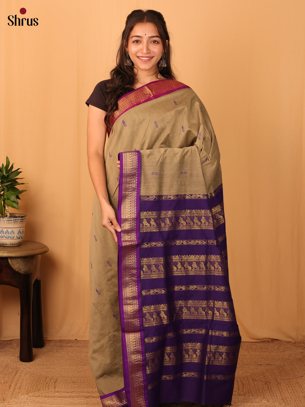 Grey & Violet- Kalyani Cotton Saree - Shop on Shrus.com