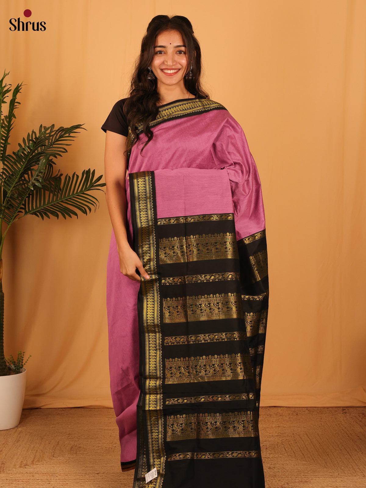 Lotus Pink & Black - Kalyani Cotton Saree - Shop on Shrus.com