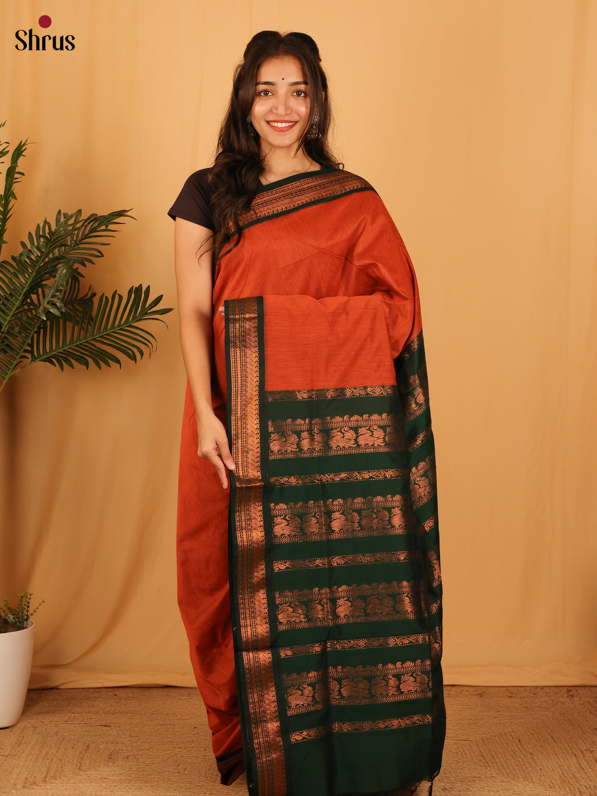 Orange & Green - Kalyani Cotton Saree - Shop on Shrus.com