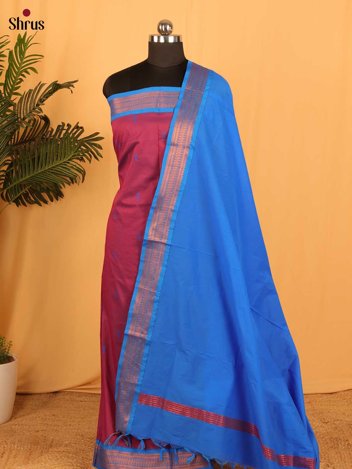 Pink & Blue - Kalyani Cotton unstitched Top & Dupatta - DAS03032 - Shop on Shrus.com