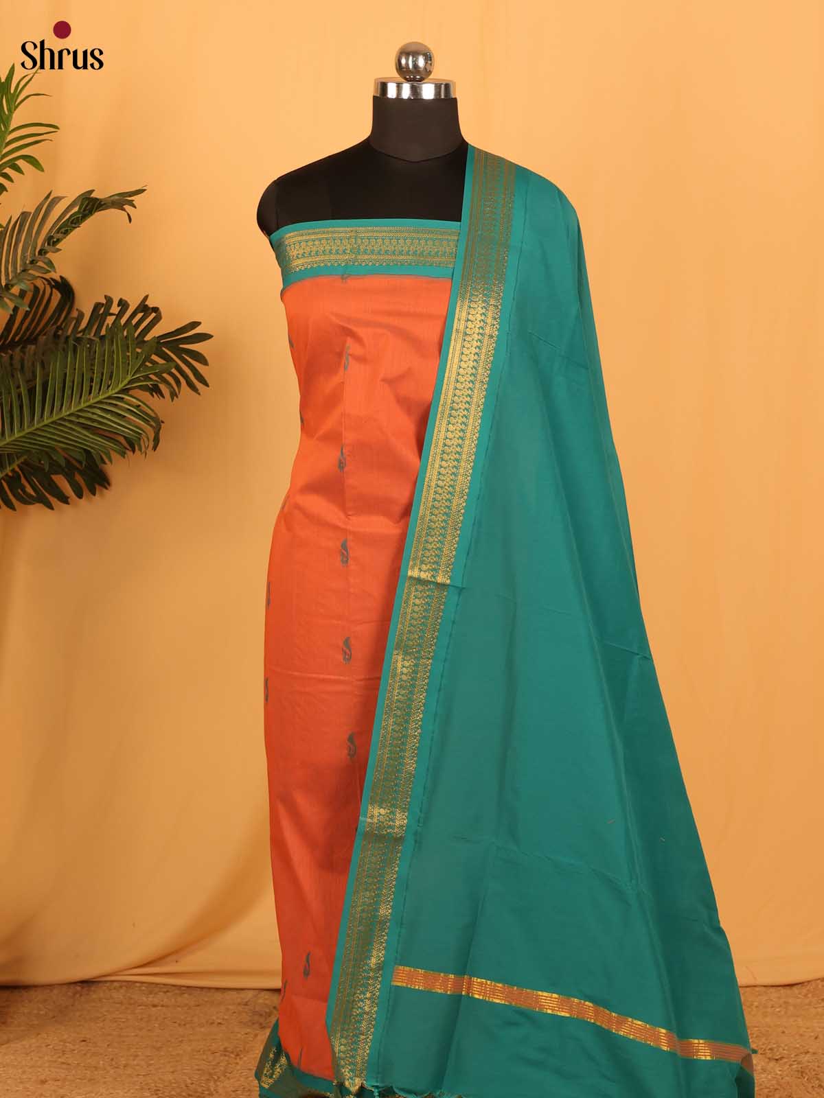 Orange & Green - Kalyani Cotton unstitched Top & Dupatta - DAS03035 - Shop on Shrus.com