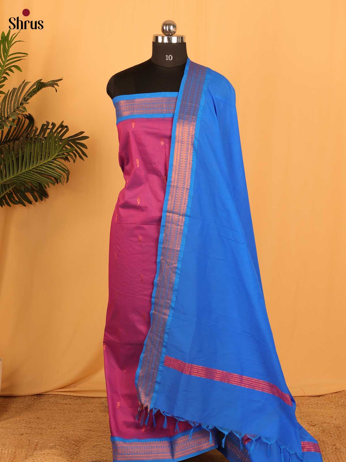 Pink & Blue - Kalyani Cotton unstitched Top & Dupatta - DAS03036 - Shop on Shrus.com
