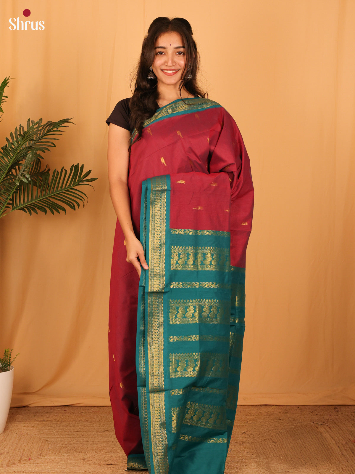 Maroon & Green - Kalyani Cotton Saree - Shop on Shrus.com