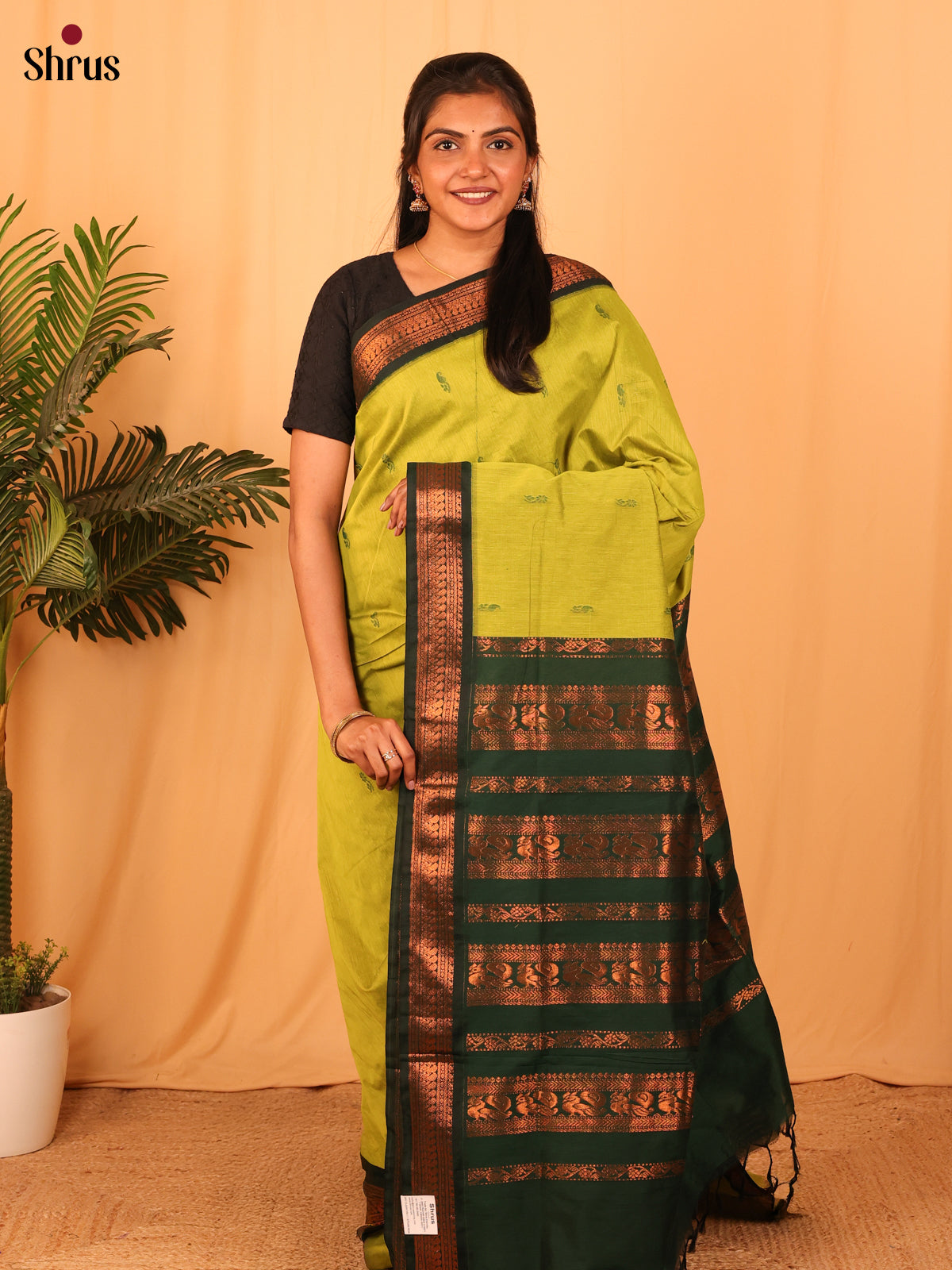 Lime Green & Green- Kalyani Cotton Saree - Shop on Shrus.com