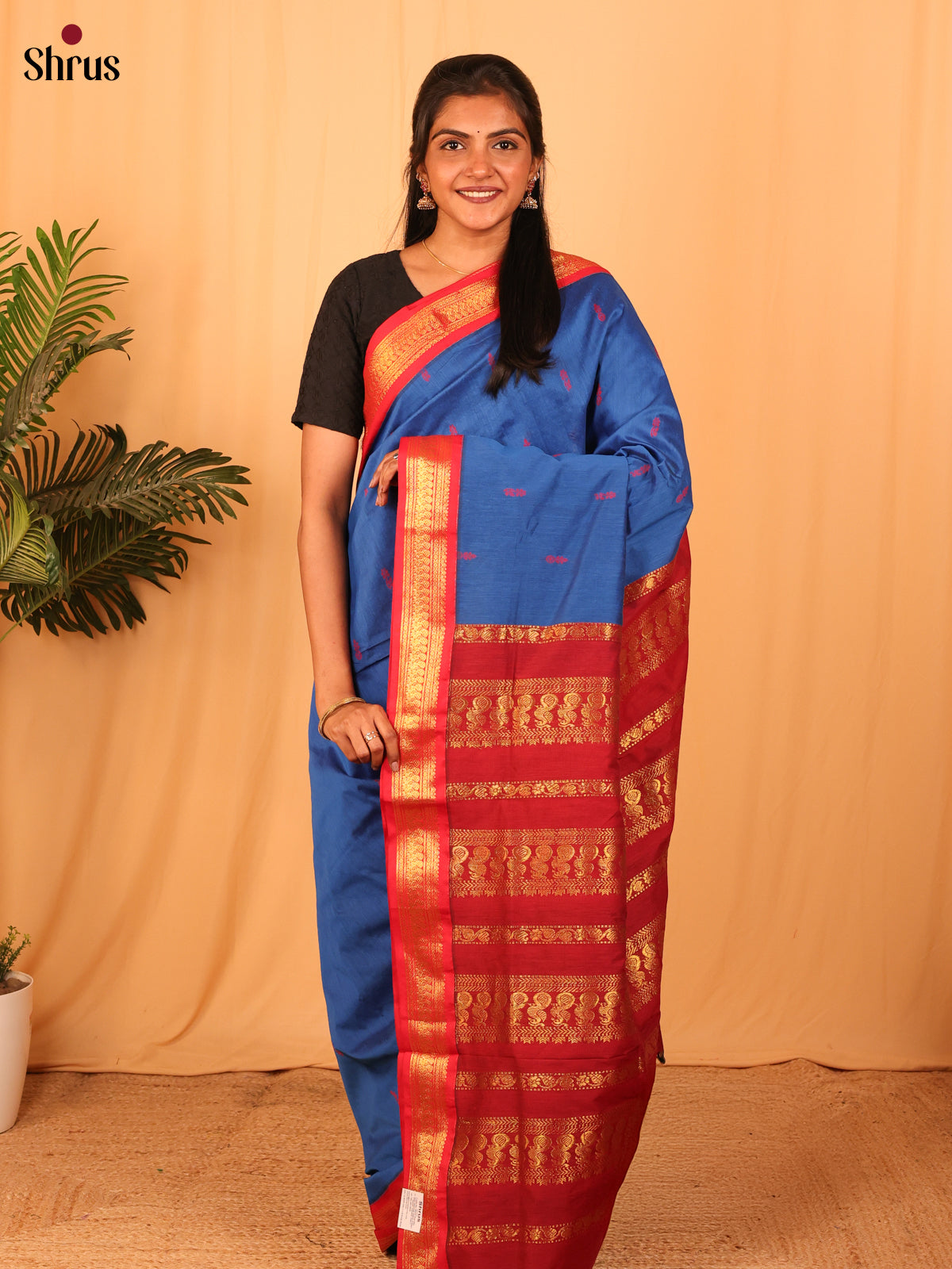 Blue & Red - Kalyani Cotton Saree - Shop on Shrus.com