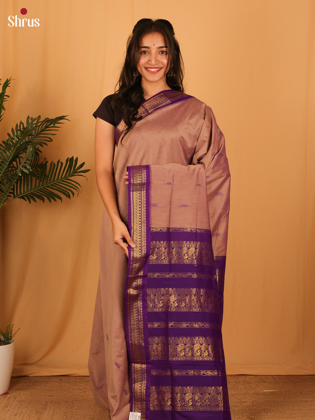Lite Brown & Violet- Kalyani Cotton Saree - Shop on Shrus.com