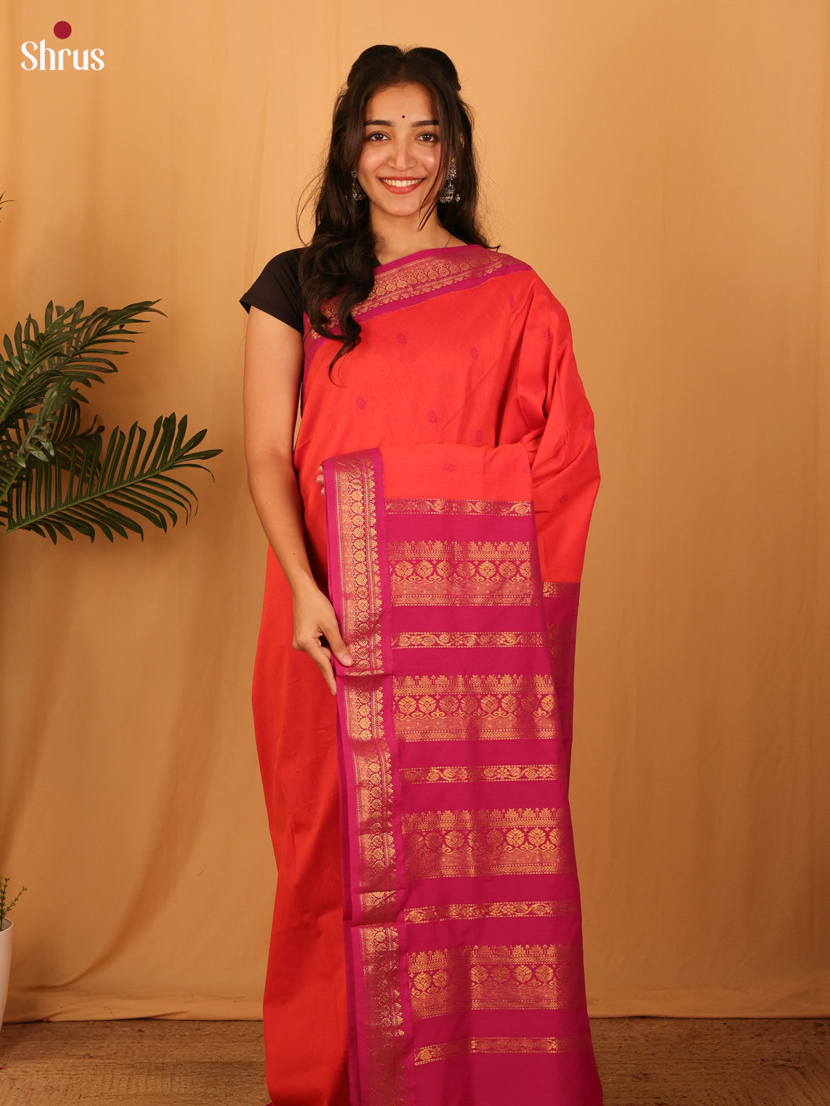 Orange & Majantha Pink - Kalyani Cotton Saree - Shop on Shrus.com