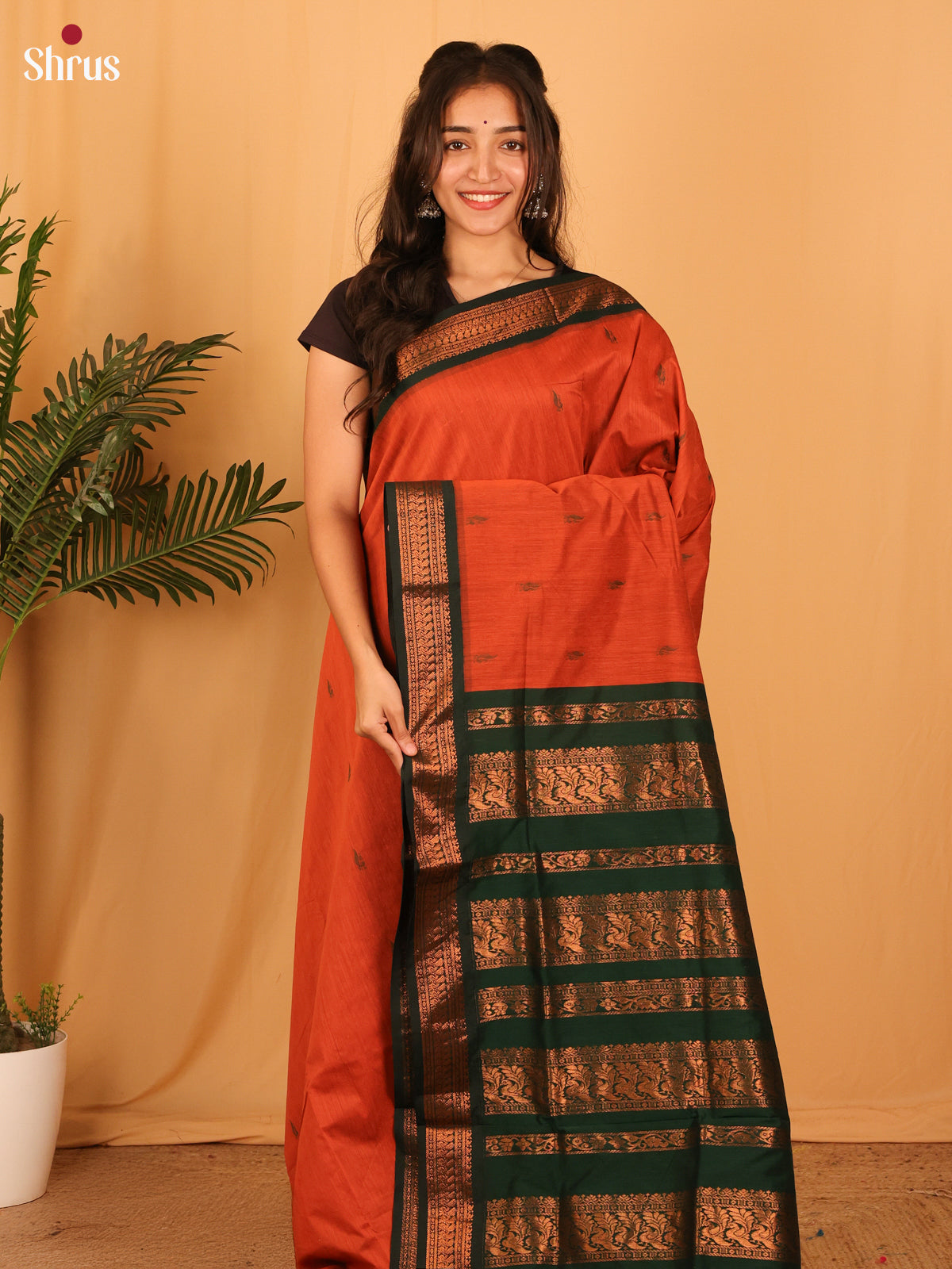 Orange & Green - Kalyani Cotton Saree - Shop on Shrus.com