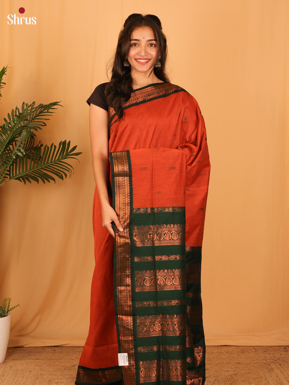 Brick Orange & Green - Kalyani Cotton Saree - Shop on Shrus.com