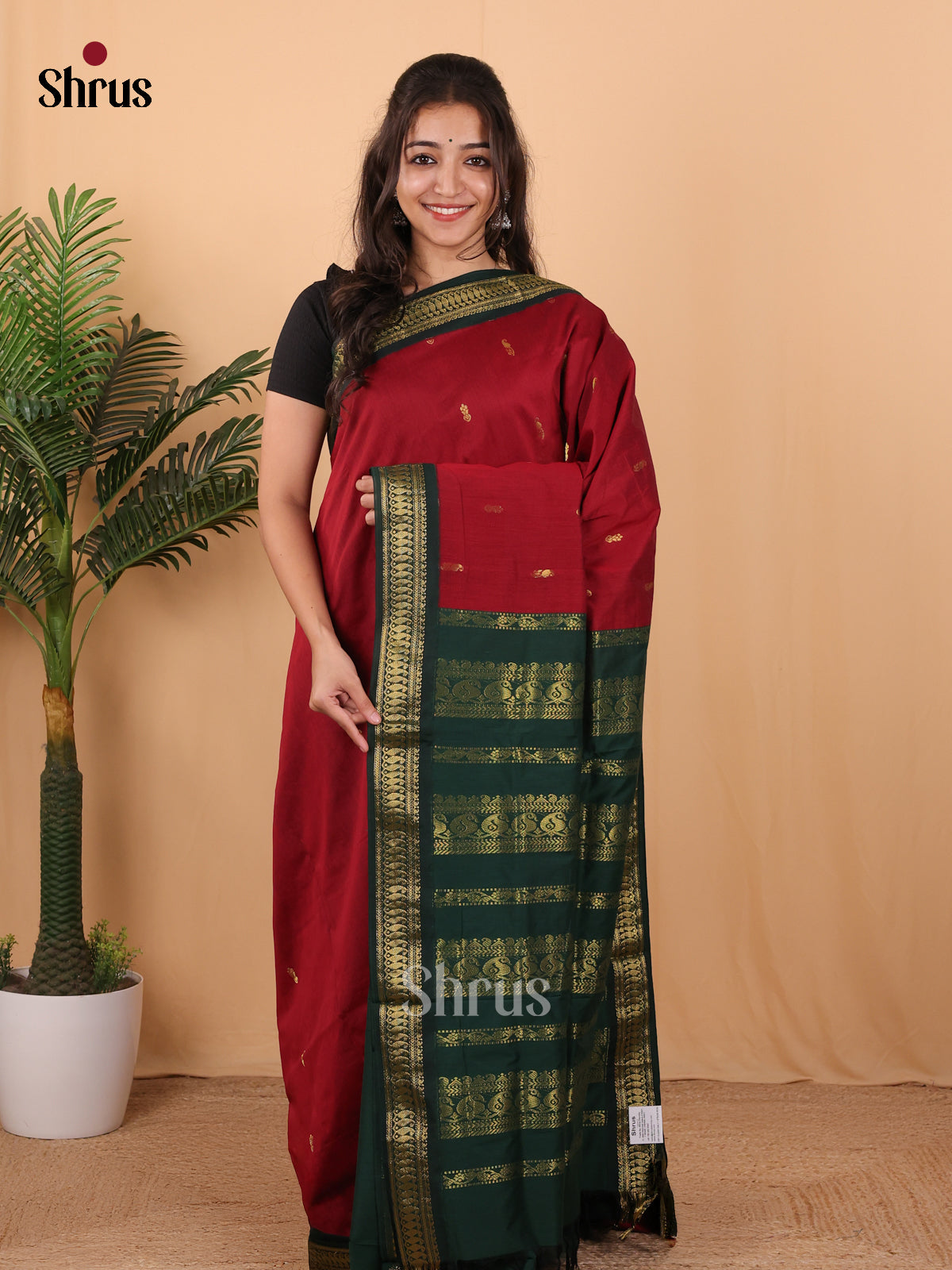 Maroon & Green - Kalyani Cotton Saree - Shop on Shrus.com
