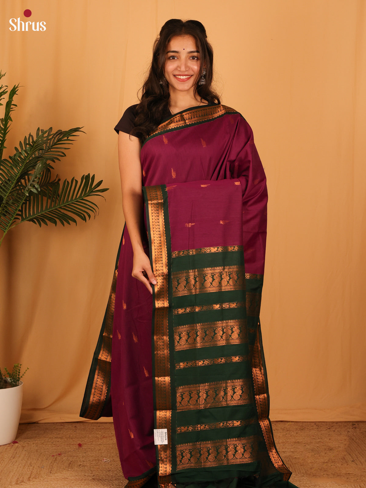 Wine & Green - Kalyani Cotton Saree - Shop on Shrus.com
