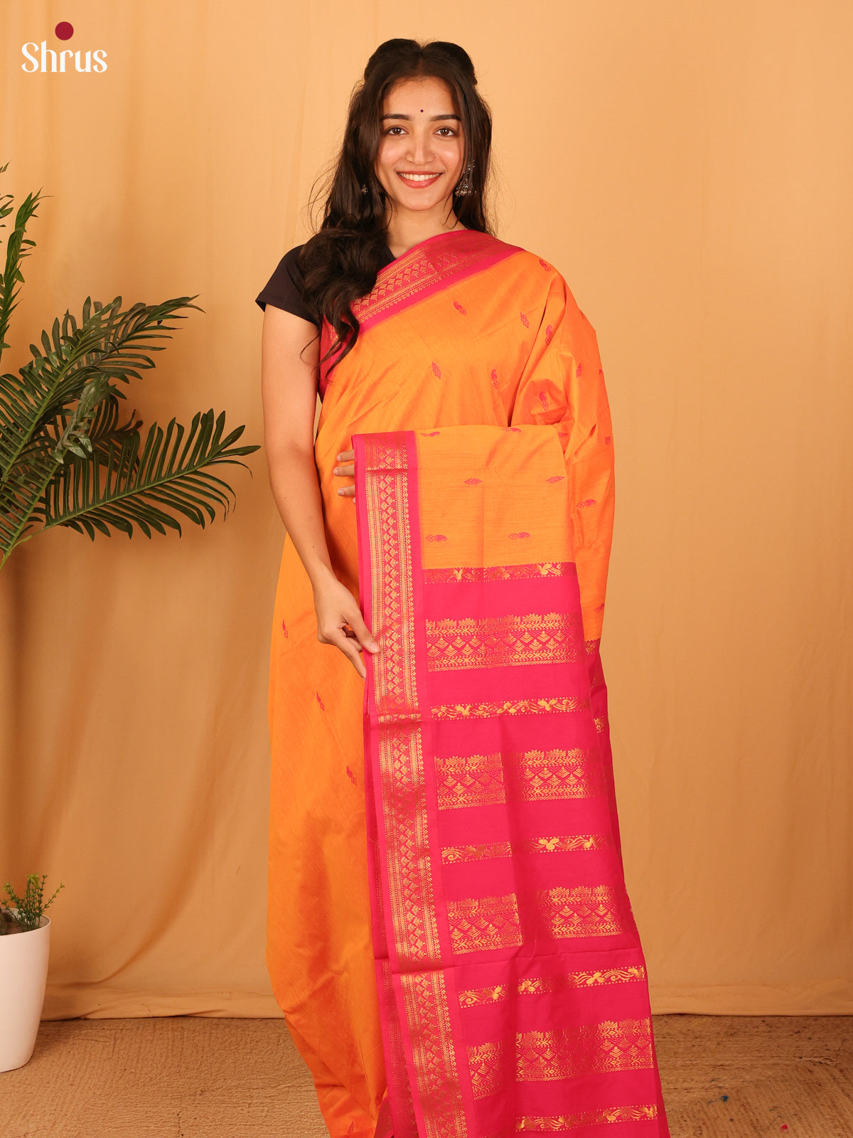 Orange & Pink- Kalyani Cotton Saree - Shop on Shrus.com