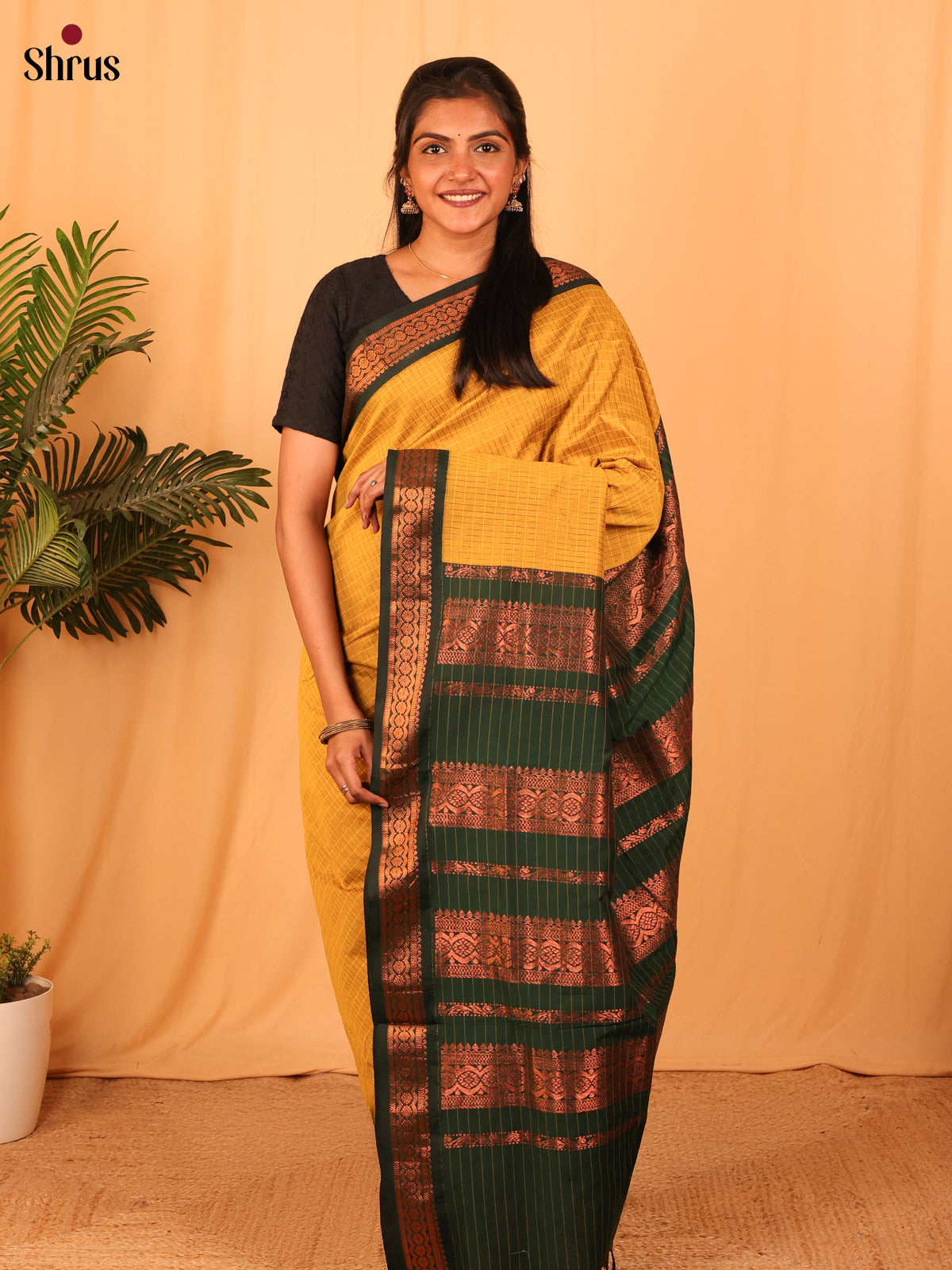 Mustard & Green - Kalyani Cotton Saree - Shop on Shrus.com