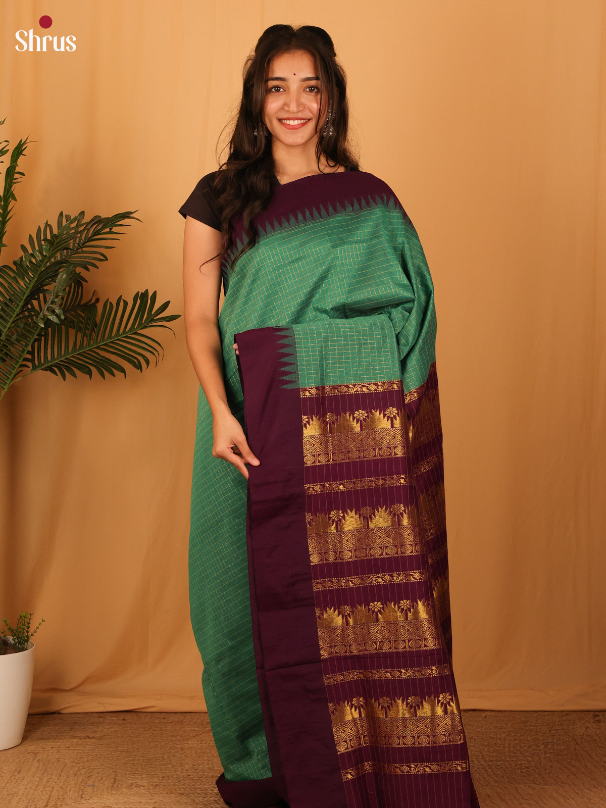Green & Purple- Kalyani Cotton Saree - Shop on Shrus.com