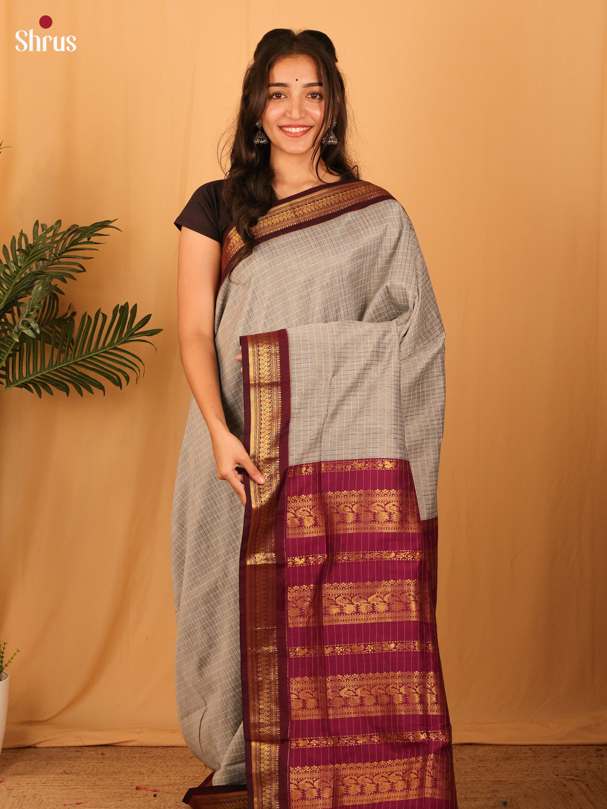 Grey & Maroon - Kalyani Cotton Saree - Shop on Shrus.com