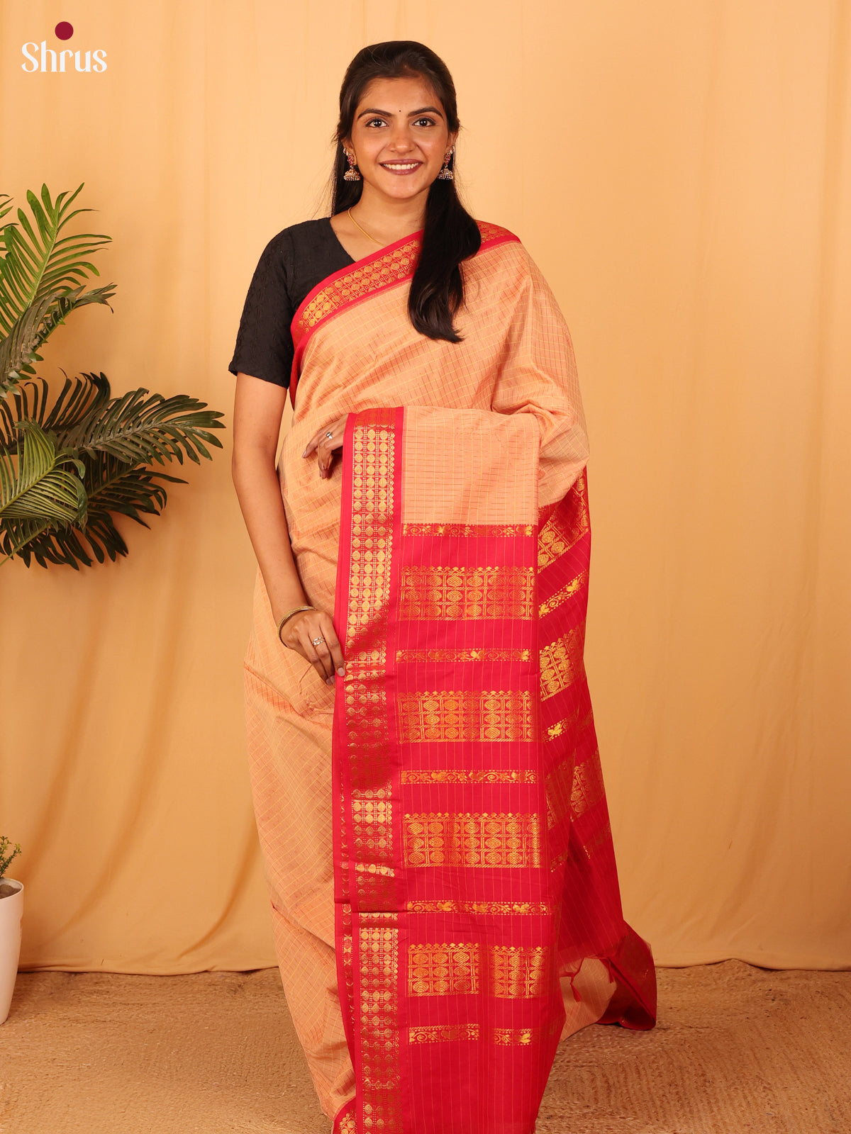 Peach & Red - Kalyani Cotton Saree - Shop on Shrus.com