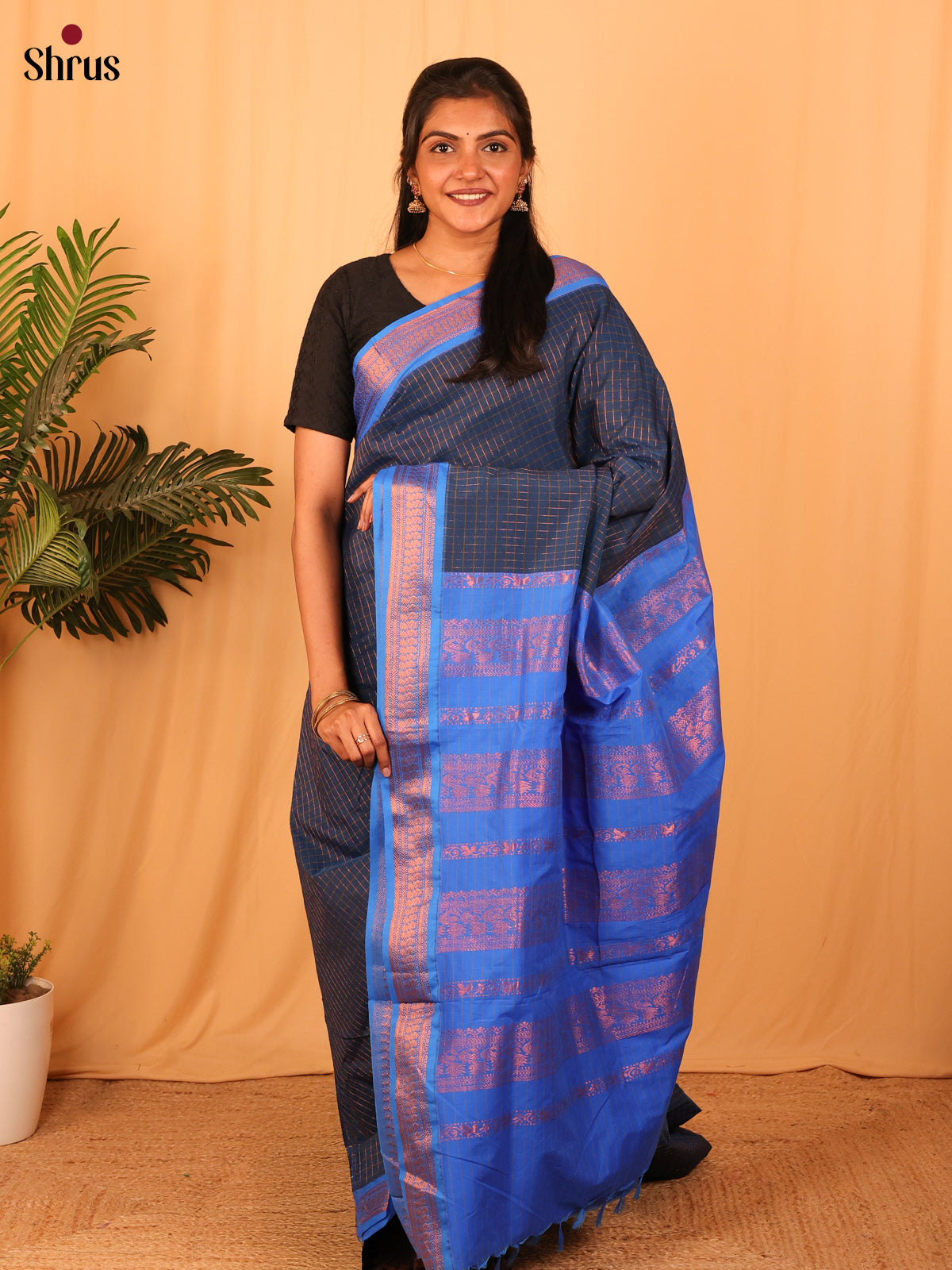 Navy Blue & Blue - Kalyani Cotton Saree - Shop on Shrus.com