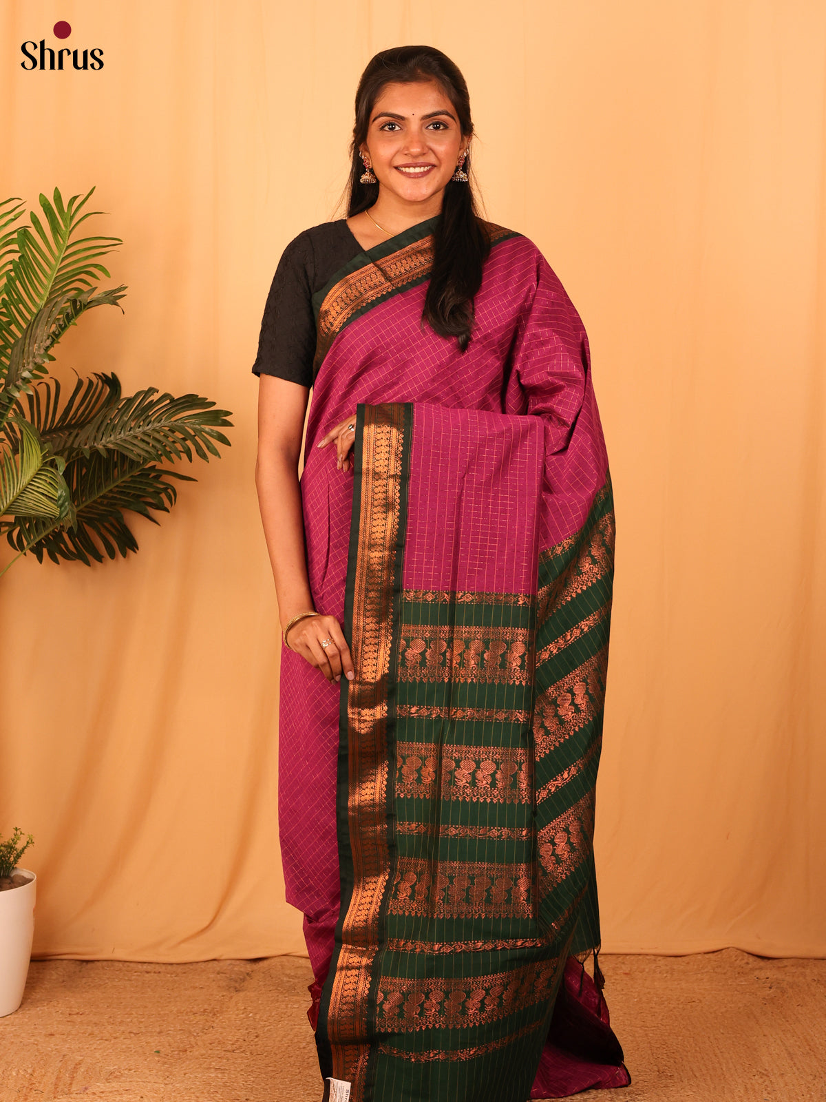 Enchanting Pink Kalyani Cotton Saree With Copper Zari Kattams & Green Border With Copper Zari - Shop on Shrus.com