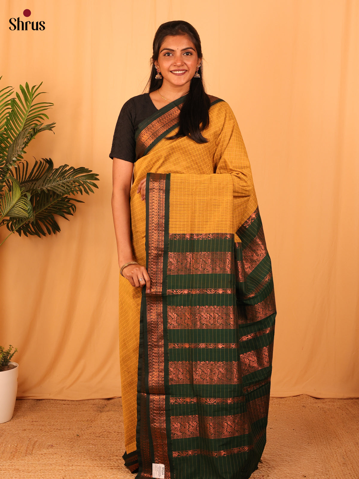 Mustard & Green- Kalyani Cotton Saree - Shop on Shrus.com