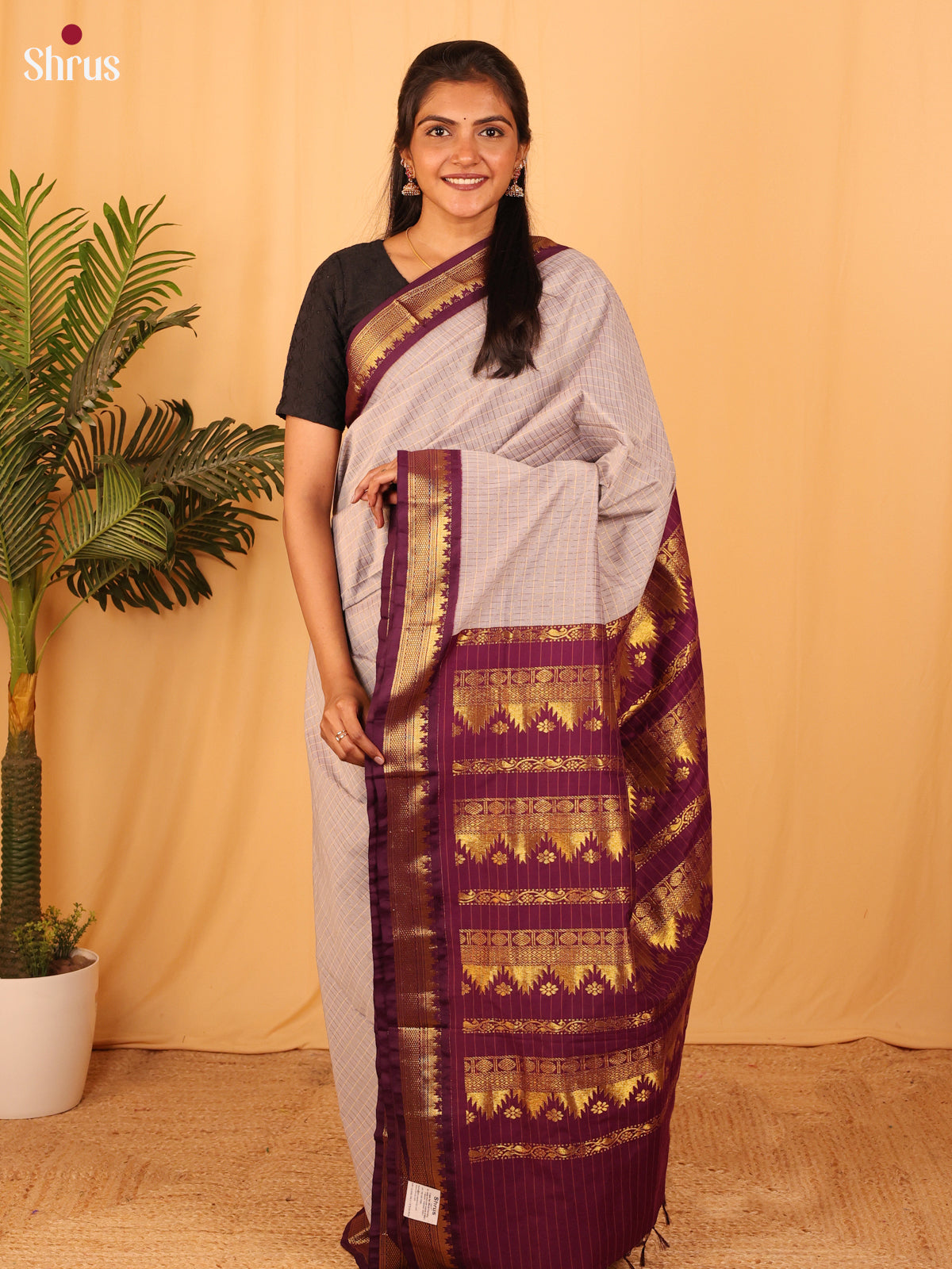 Grey & Maroon - Kalyani Cotton Saree - Shop on Shrus.com