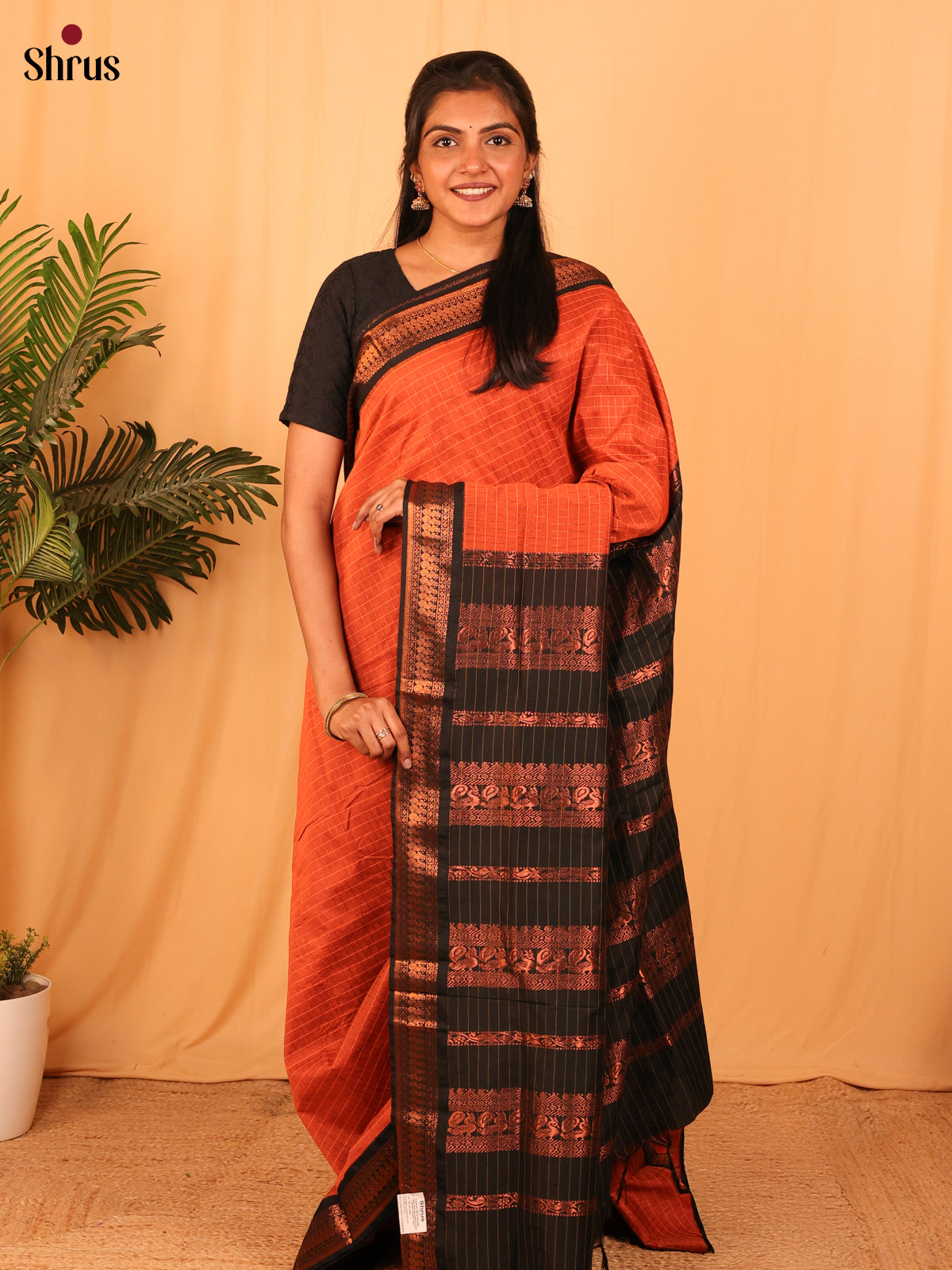 Orange & Black - Kalyani Cotton Saree - Shop on Shrus.com