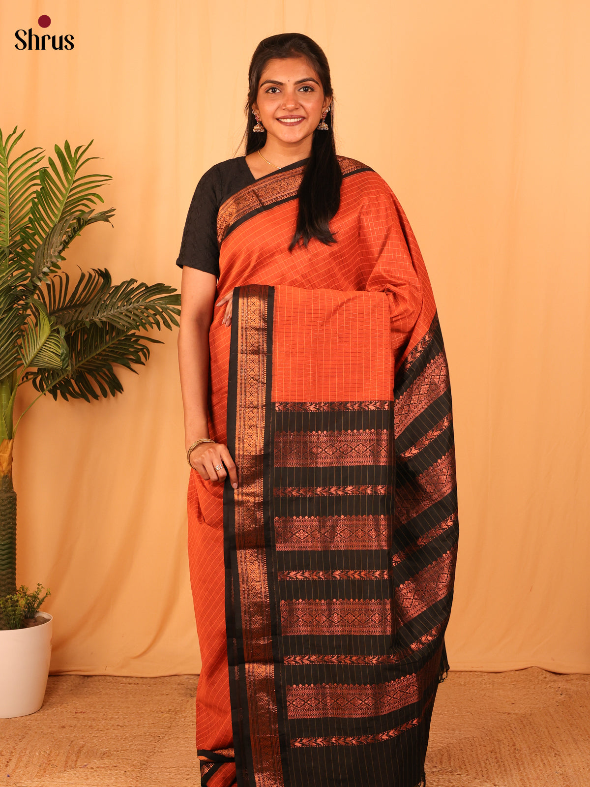 Orange & Black - Kalyani Cotton Saree - Shop on Shrus.com